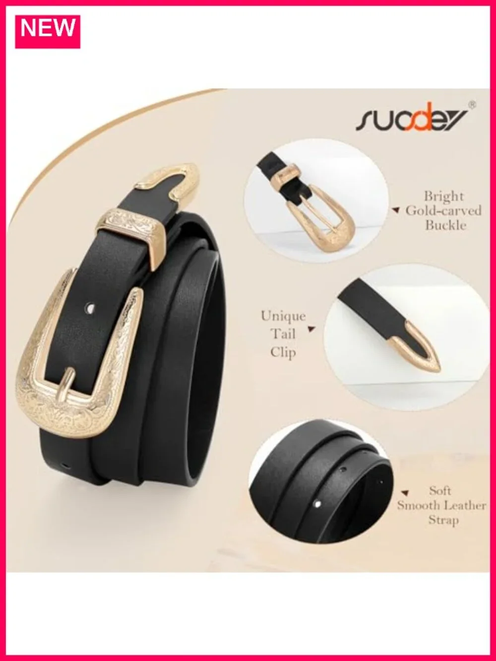 Western Skinny Vegan Leather Belt with Carved Buckle for Jeans Dresses